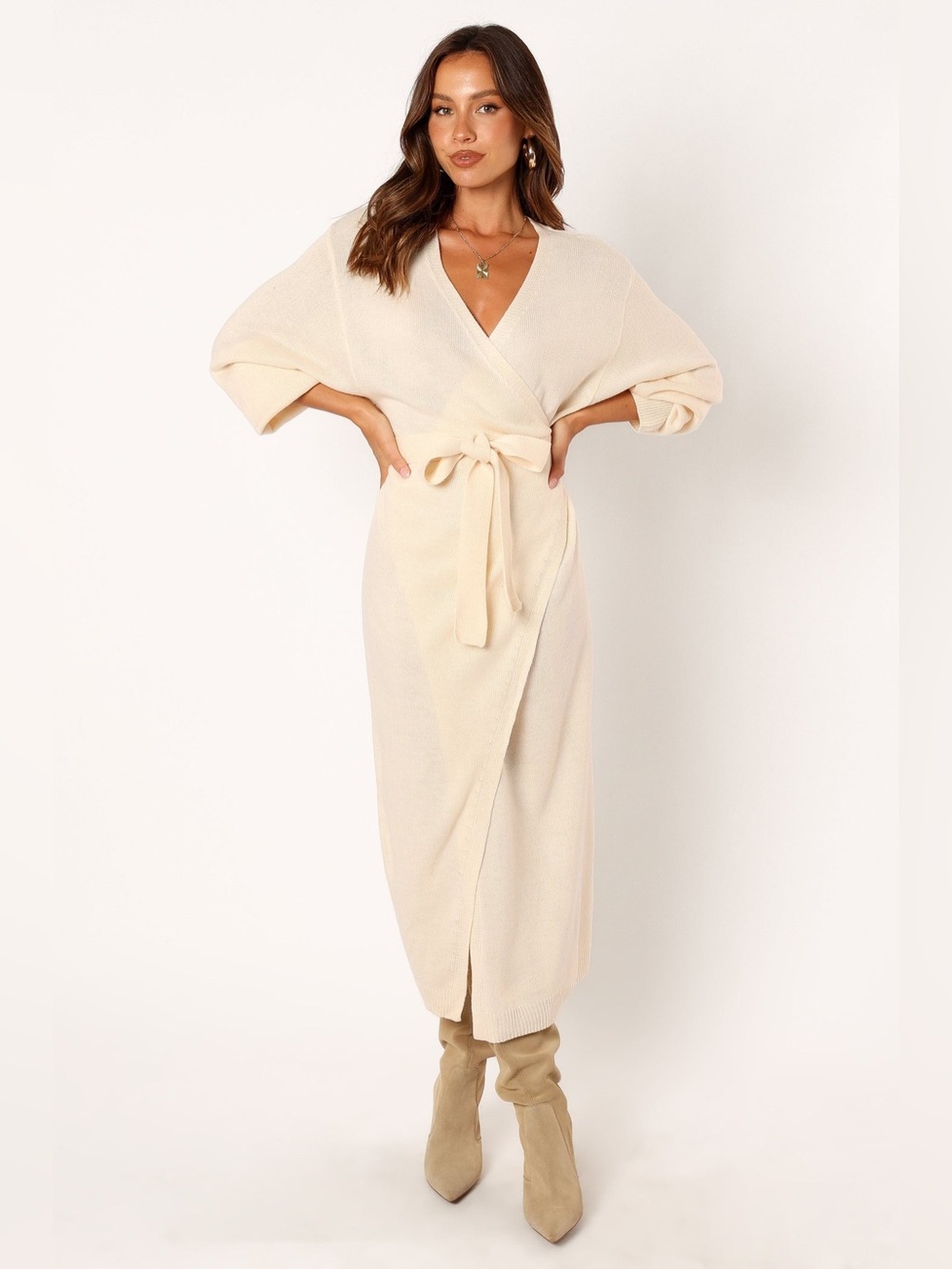 Petal & Pup Nova Wrap Knit Midi Dress Taupe Size S/M NWOT